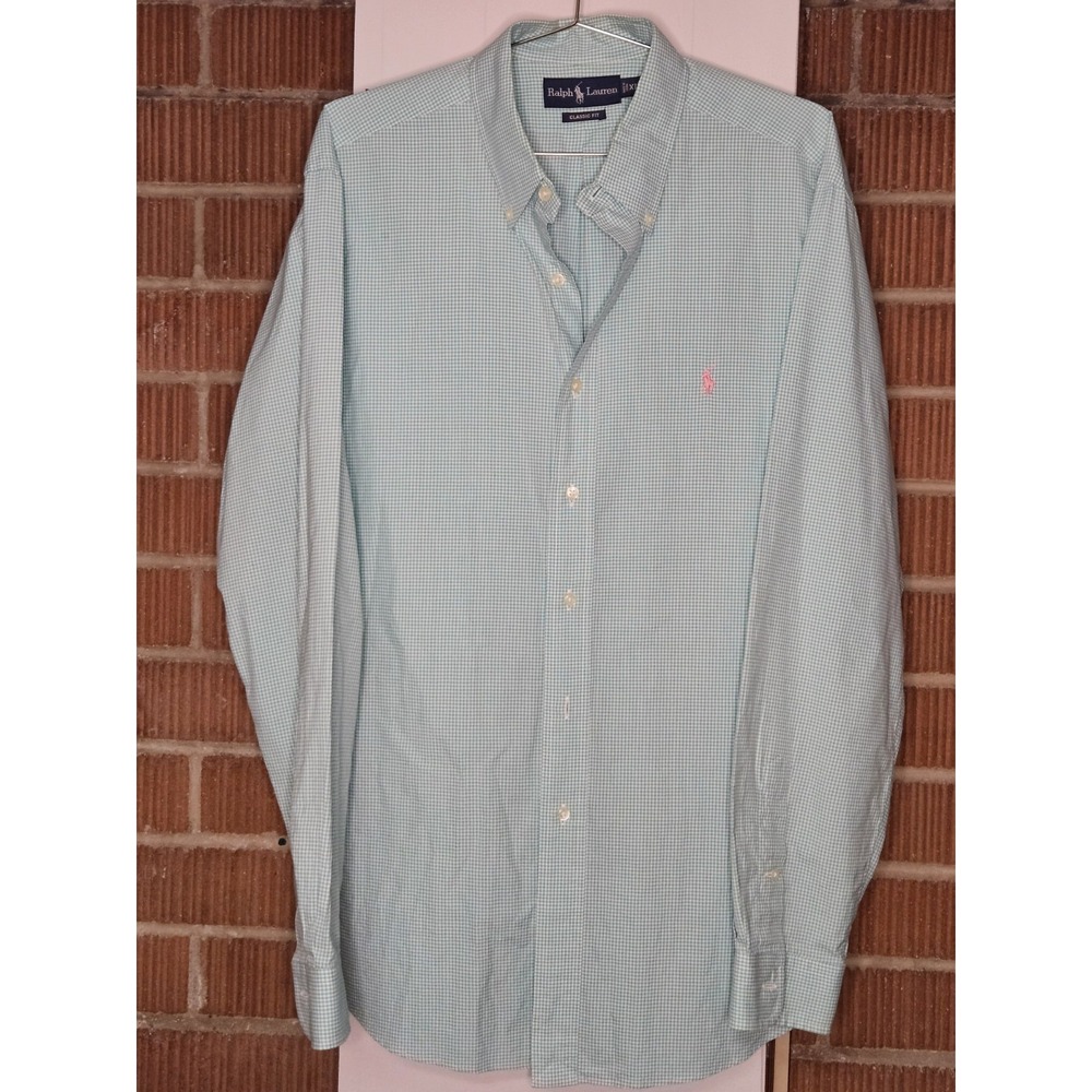 Ralph Lauren Shirt Mens 17 XL Pastel Green Checked Classic Fit Button Up Down